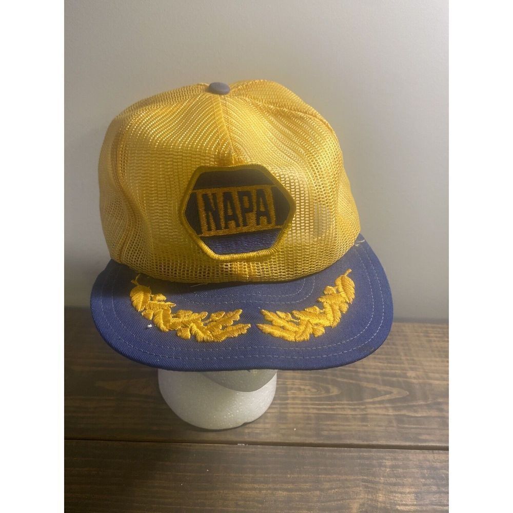 VTG NAPA Louisville Mfg Co Trucker Hat Snapback Patch Blue Yellow Logo Gold Leaf
